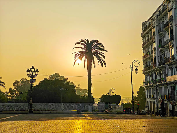 Street view of the city center of algiers with its white colonial style buildings. Algiers. Algeria