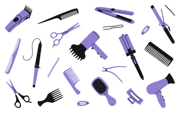 illustrations, cliparts, dessins animés et icônes de ensemble d’outils de coiffure et de coiffure, y compris des peignes, des ciseaux, des sèche-cheveux et des fers à friser - salon de beauté