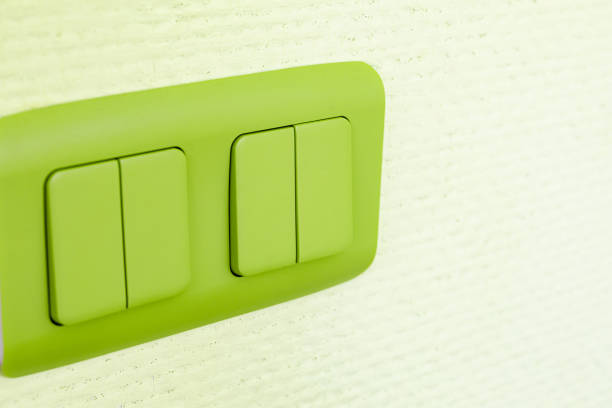 A close-up of green double light switches on a green wall, adding a contemporary touch to the interior design