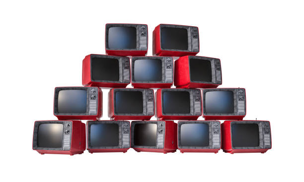 istock Stack of red retro televisions forming a pyramid on white background 2190512467