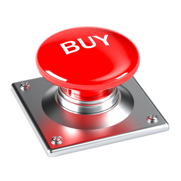 Shiny red buy button sitting on a metal base is waiting to be pushed