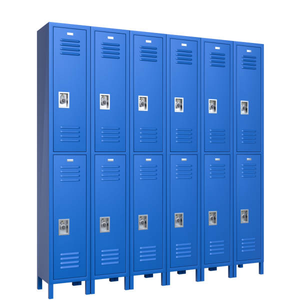 Metal school lockers standing in a row, closed with combination locks