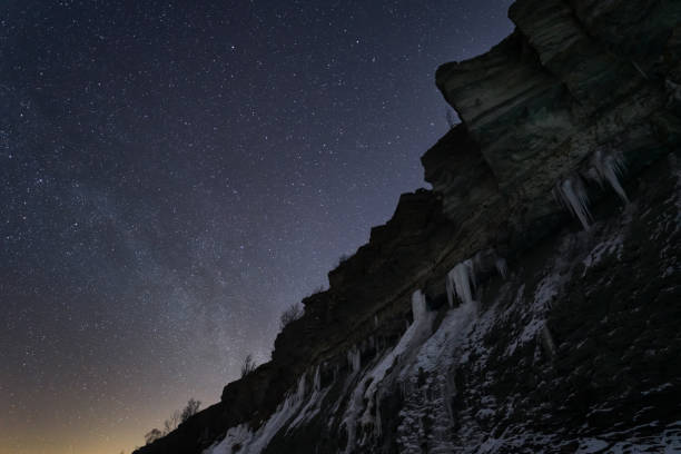 Night landscape with starry sky, Milky Way galaxy, and rocky cliff with icicles.