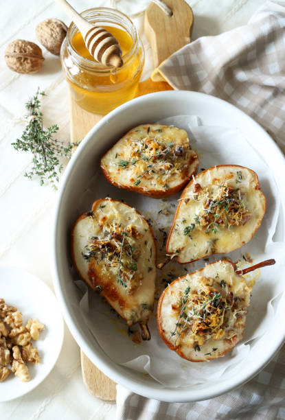 baked half pears with gorgonzola cheese.