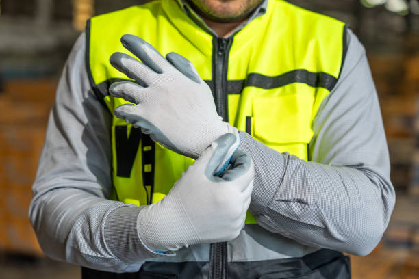 Close up technician engineer wearing and adjust protective safety glove. Safety equipment for industry factory. Safety at work concept.