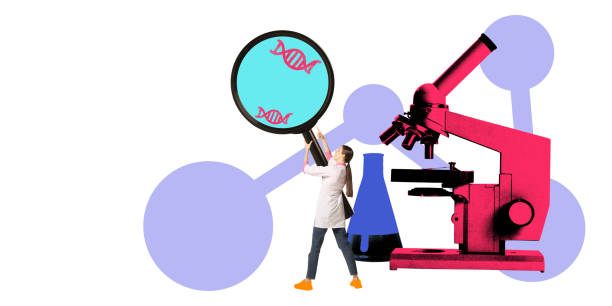 istock Female scientist holding oversized magnifying glass featuring red DNA strands, with giant microscope, flask and molecular shapes on background. Contemporary art collage. 2190521199