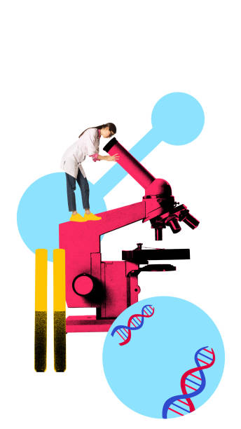 istock Female scientist standing on microscope with two test tubes and DNA strands in background. Medical research. Contemporary art collage. 2190521202