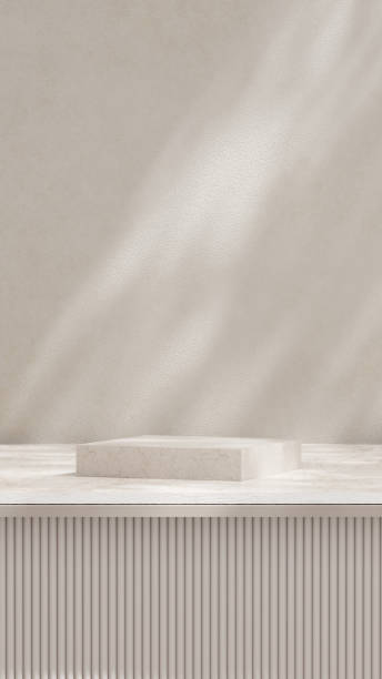 istock A 3D rendering of an empty space with a marble podium against a light grey background in a portrait layout, ideal for showcasing merchandise. 2190522973
