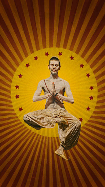 Surreal circus-themed design with male performer in meditative floating pose against vintage background. Contemporary art collage. Concept of retro circus, theater, performance. Poster, banner, ad