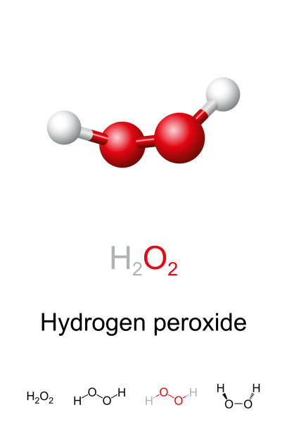 Hydrogen peroxide, H2O2, molecule model and chemical formula Hydrogen peroxide, H2O2, molecule model and chemical formula. Ball-and-stick model and geometric structure of peroxol, a pale blue liquid, used as an oxidizer, bleaching agent and antiseptic. Vector hydrogen peroxide stock illustrations
