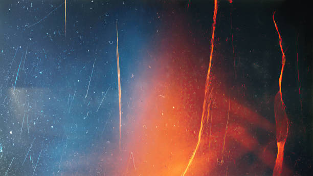 Film burn distressed texture overlay with scratches, noise and dust Red, blue and orange light leaks. Film burn texture overlay with scratches, noise and dust for video editing. motion and graphic design project film camera overlay stock pictures, royalty-free photos & images