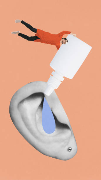 Contemporary art collage. Man pours liquid into large ear using bottle, symbolizing ear treatments or solutions. Surreal medical-themed art with playful tone.