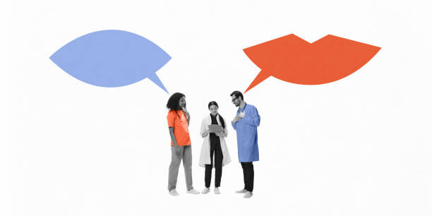istock Contemporary art collage. Group of doctors discusses diagnostics with speech bubbles above them in form of eye and lips. 2190543319