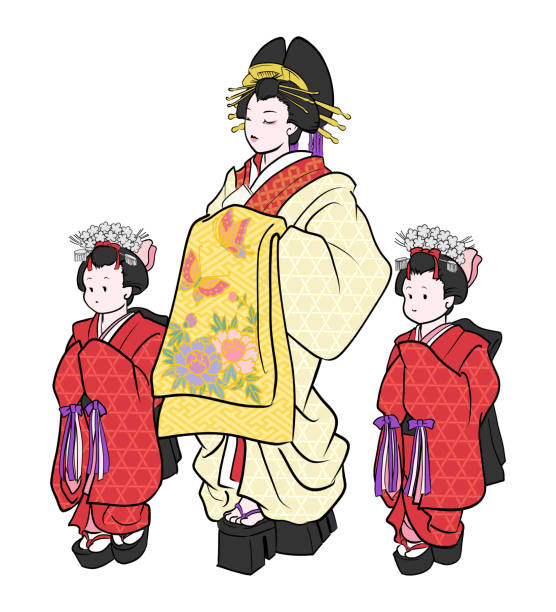Illustration of a Japanese courtesan and Kamuro in the Edo period Illustration of a Japanese courtesan (Oiran) and Kamuro in the Edo period.
Kamuro is the little girls who is in charge of odd jobs related to a courtesan. oiran stock illustrations
