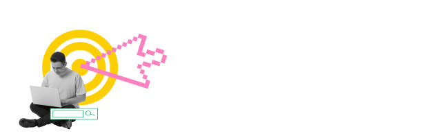 Contemporary art collage. Man working on laptop, with pixelated cursor and yellow target symbolizing precision in digital marketing strategies.