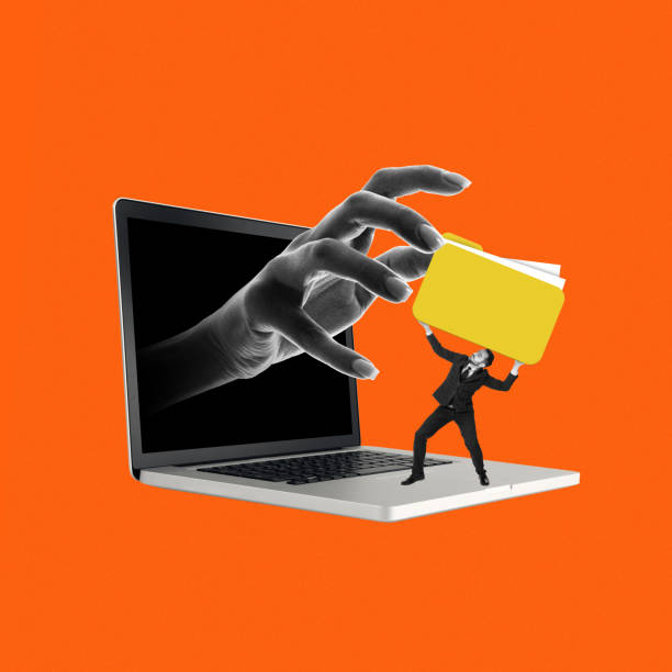 istock Contemporary art collage. Large hand emerges from laptop screen, reaching for yellow folder held by small figure, representing cyber threats and stolen data. 2190544545