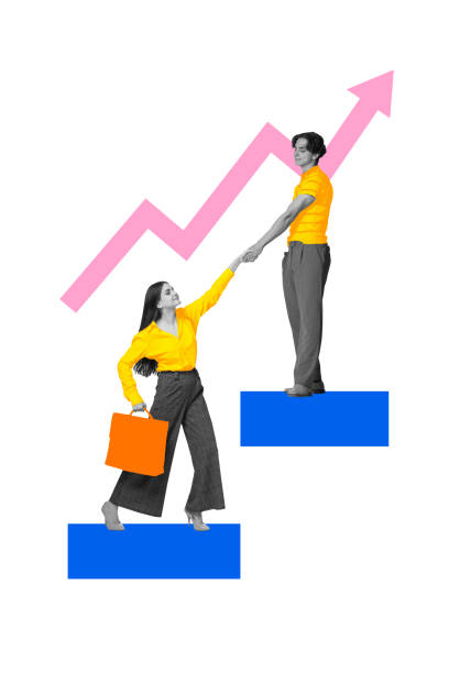 istock Contemporary art collage. Woman reaching higher steps with man, emphasizing mutual support and mentorship's role in achieving success and overcoming challenges. 2190546737