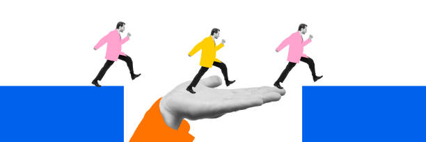 istock Banner. Contemporary art collage. Dynamic sequence of running figures on supportive hand, as continuous progress and trust in mentorship for achieving ambitious goals. 2190546743