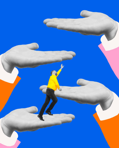 istock Contemporary art collage. Multiple hands creating staircase, with man climbing, depicting layers of guidance and mentorship leading to personal and career success. 2190546745