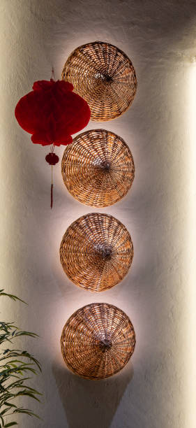 istock Asian hat shaped wall lamps as background. 2190548595