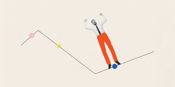 istock Contemporary art collage. Man celebrates on zig-zag line connecting colorful points, representing navigating challenges or plotting milestones, 2190549517