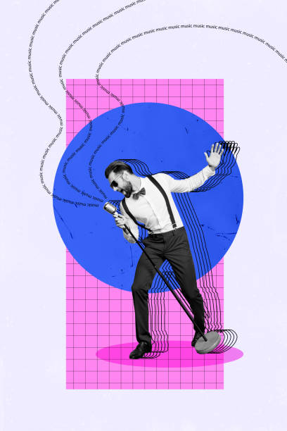 istock Vertical creative graphics collage image of cool carefree guy singing vintage microphone black white effect on colorful minimalistic background 2190551188