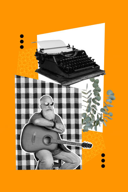 istock Vertical creative collage poster mature man guitarist player sitting thinking huge typing machine retro vintage culture yellow background 2190551600