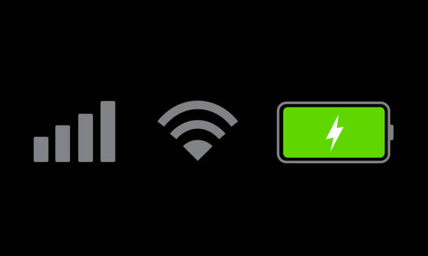 istock Status bar icon isolated on black background. Phone bar status Icons, battery drain in green, Mobile indicator of time, Wi-Fi signal. Vector Illustration 2190551819