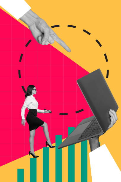 istock Vertical collage creative poster monochrome effect serious businesslike successful young woman boss work use laptop template 2190551856