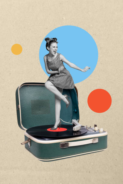 istock Vertical creative collage cheerful excited happy young lady stretch dance club turntable vintage vinyl colorful circle beige background 2190551889