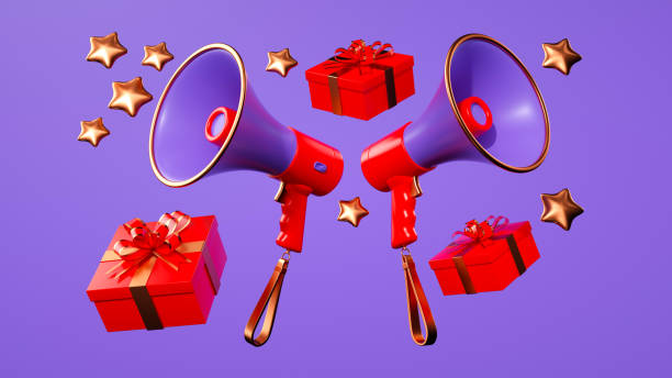 istock Promotional Blast: Floating Megaphone Emitting Stars and Red Gift Boxes on a Purple Background. 3D Rendering. 2190551937