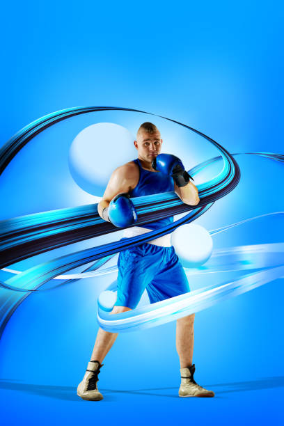 Contemporary art collage. Boxer in blue gear with gloves, standing confidently with dynamic blue ribbons against gradient blue background. Concept of sport, movement. Dynamic graphic design.