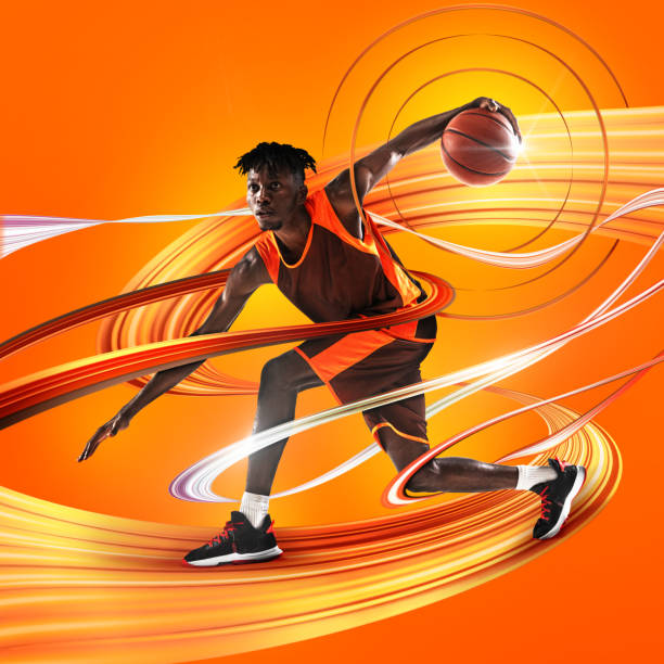 Contemporary collage. Basketball player dribbling dynamically surrounded by red-orange swirling energy lines against gradient vivid background.