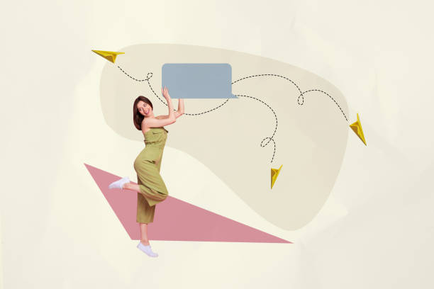 istock Creative image collage young beautiful girl holding chatterbox online communication flying paper aircraft sending messages wireless 2190553333