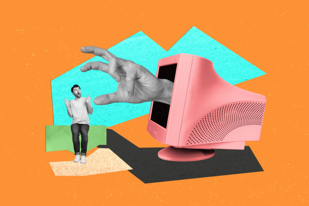 istock Photo concept contemporary design idea collage of young guy afraid touching computer scared by cyberbullying in monitor hands grabs him 2190553673
