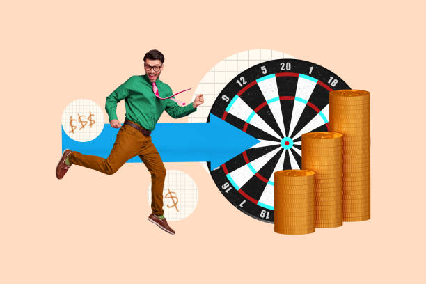 istock Artwork collage image of delighted mini guy jump raise fists arrow pointer big pile stack money coins darts board isolated on beige background 2190553749