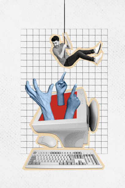 istock Creative collage illustration poster banner stressed worker employee hanging rope many hands pc screen pointing work corporate 2190553782