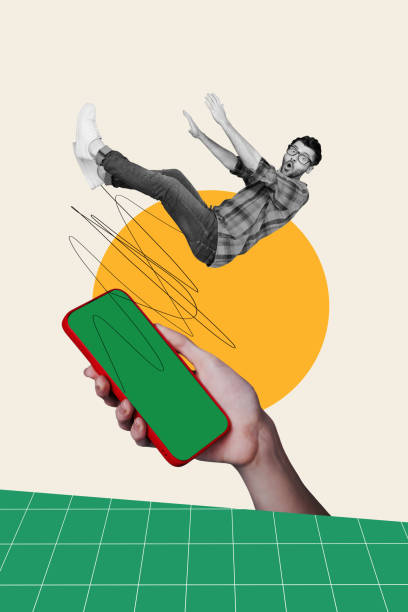 istock Vertical collage creative poster black white effect shocked surprised scary young man miniature large human hand hold smartphone sketch 2190553830