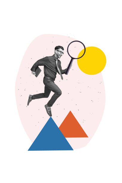 istock Vertical collage image of excited mini black white effect guy jump run hold laptop magnifier glass isolated on painted background 2190553831