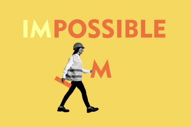 Photo collage walking young lady worker engineer construction builder task accomplishment impossible success reach yellow background.