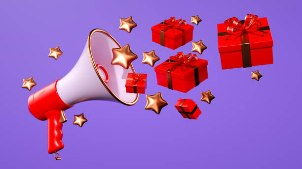 istock Promotional Blast: Floating Megaphone Emitting Stars and Red Gift Boxes on a Purple Background. 3D Rendering. 2190555649