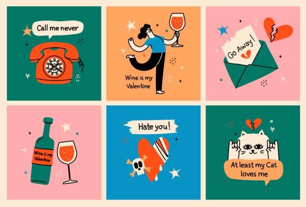 Anti-valentine day concept cards. Set of broken heart stickers. Heart, tears, parting, sadness, wine, cigarettes. Doodle style clipart. Anti-valentine day concept cards. Set of broken heart stickers. Heart, tears, parting, sadness, wine, cigarettes. Doodle style clipart. Colored Vector. broken lipstick stock illustrations