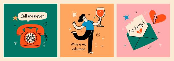 Anti-valentine day concept cards. Set of broken heart stickers. Heart, tears, parting, sadness, wine, cigarettes. Doodle style clipart. Anti-valentine day concept cards. Set of broken heart stickers. Heart, tears, parting, sadness, wine, cigarettes. Doodle style clipart. Colored Vector. broken lipstick stock illustrations