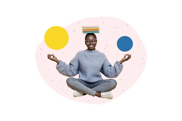 Photo collage creative banner sitting young woman meditating balancing book stack top head peace harmony self development