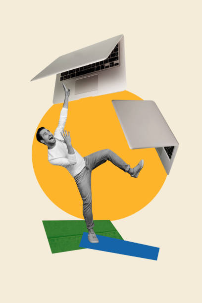 istock Collage artwork graphics picture of impressed guy pressing by online work isolated painting beige color background 2190556068