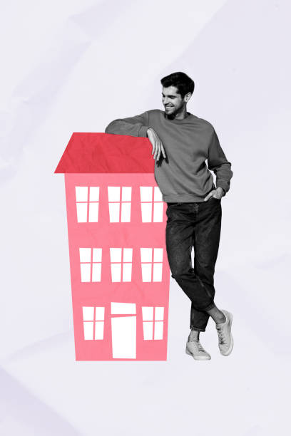 Vertical creative collage standing young happy successful man property ownership accommodation apartment home purchase white background