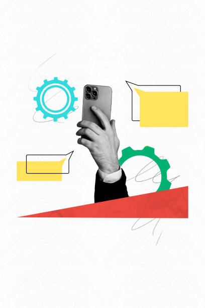 istock Vertical collage creative illustration one human hand hold popular phone work message type text technology mechanism empty background 2190556616