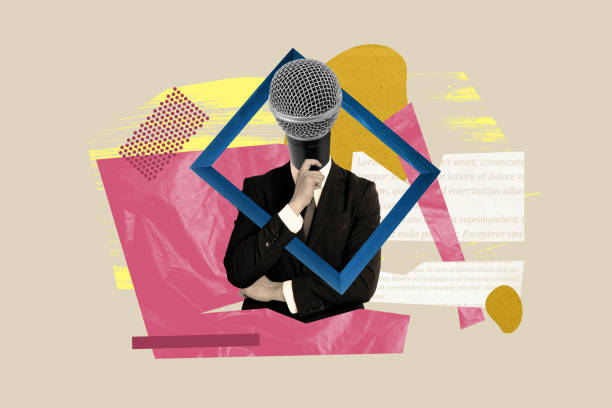 istock Template mockup collage image of political government worker with mic face give interview for press media 2190559089
