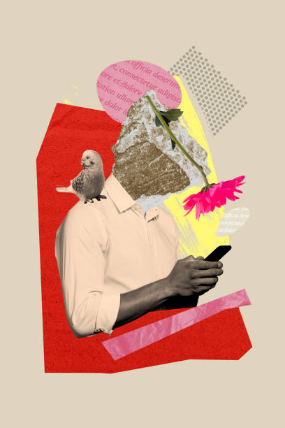 istock Strange unusual retro collage of faceless guy using smart gadget for greeting girlfriend on 8 march with flower gift 2190559252