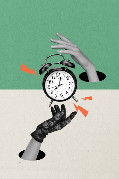 istock Vertical photo collage artwork poster of human arm pressing ringing clock button morning wake up work on creative textured background 2190561906